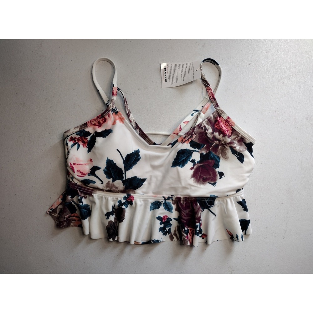 Floral Print Ruffle Bikini Top Women's Size‎ 8 White Pink Burgundy Swim